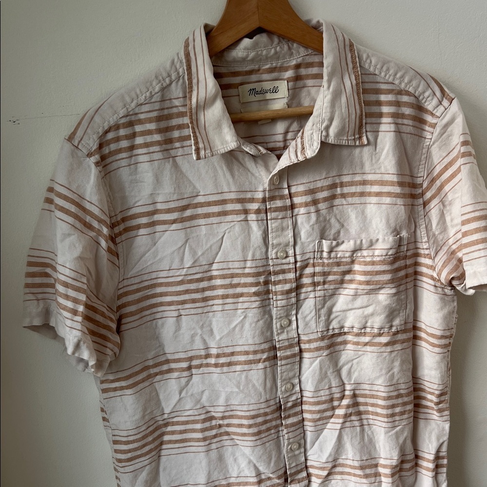 Madewell Men's Casual Striped Linen blend Cream and Brown Shirt Size Medium